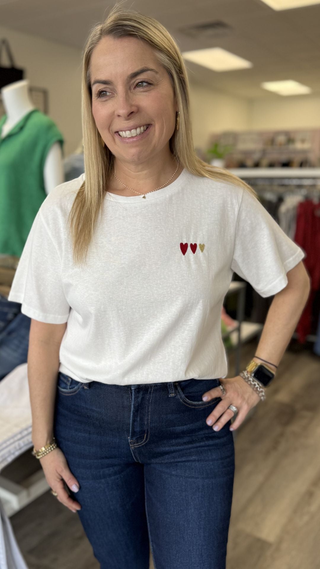 White Three Hearts Embroidered Tee