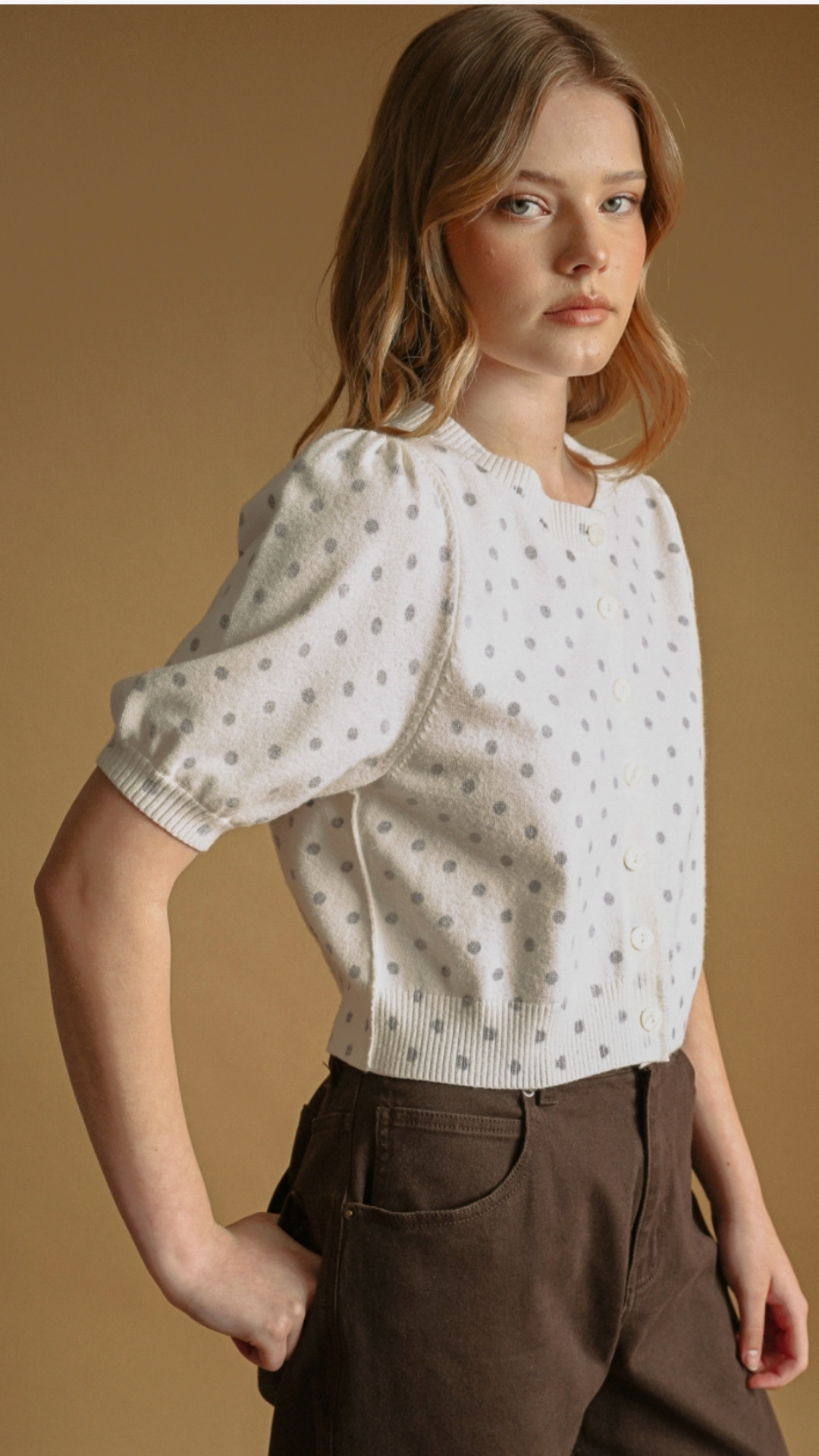 Polka Dot Printed Short Sleeve Button Front Cardigan