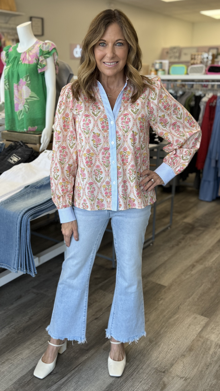 Long Sleeve Floral Contrast Trim Top
