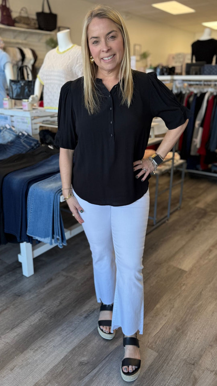 Short Puff Sleeve Crinkled Button Top