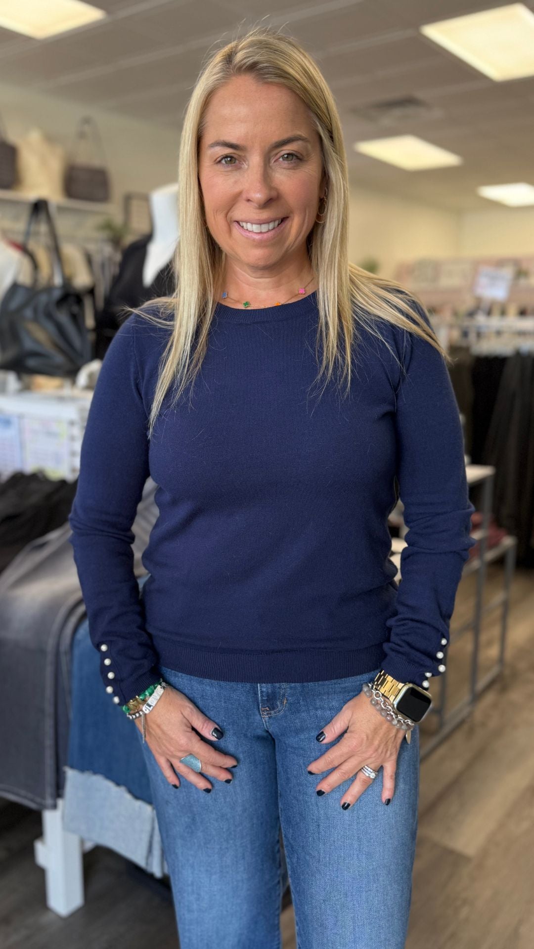 Navy Knit Sweater With Pearl Detail