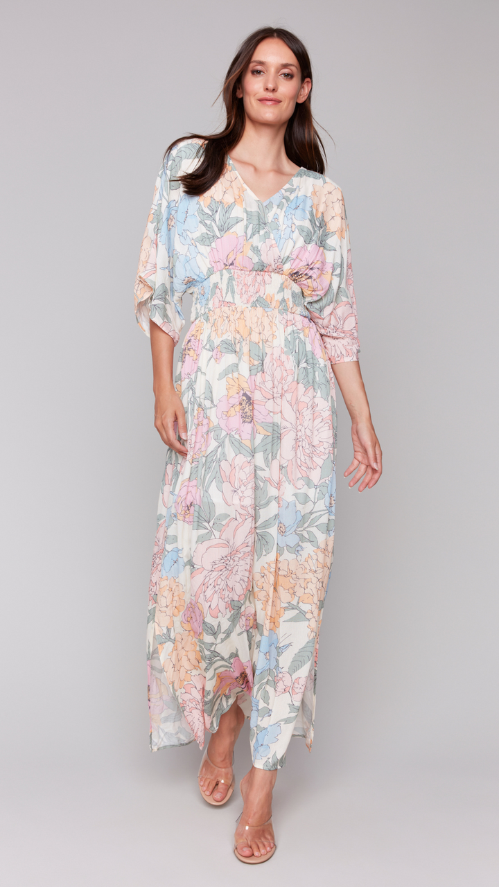 Dolman Sleeves Floral Maxi Dress With Side Slits