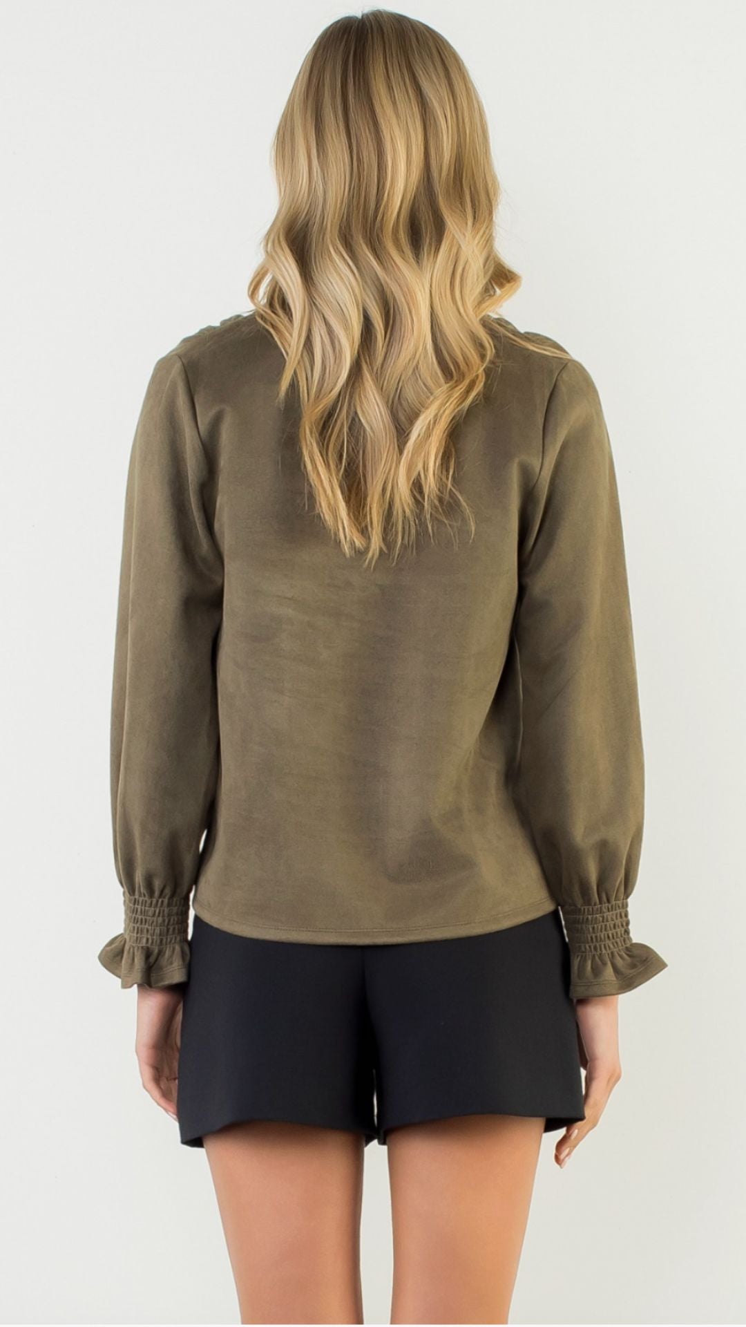 Olive Long Sleeve Suede V Neck Top