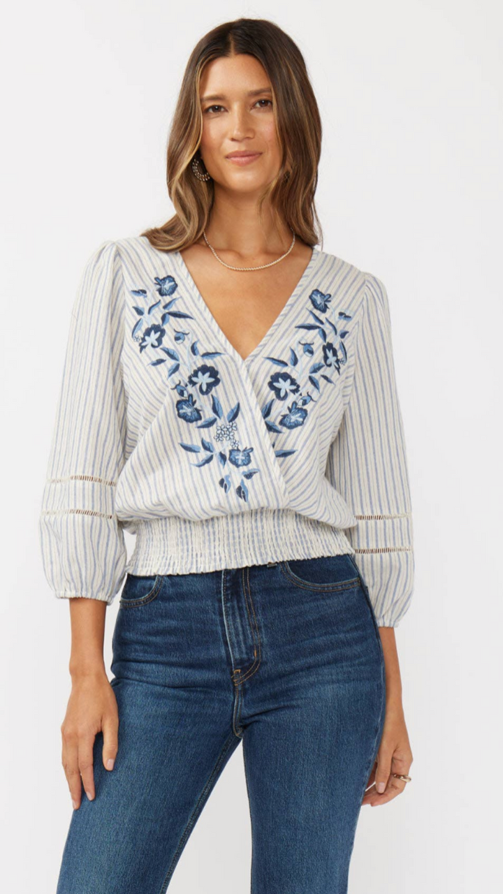 Embroidered Smocked Waist Stripe Surplice Top