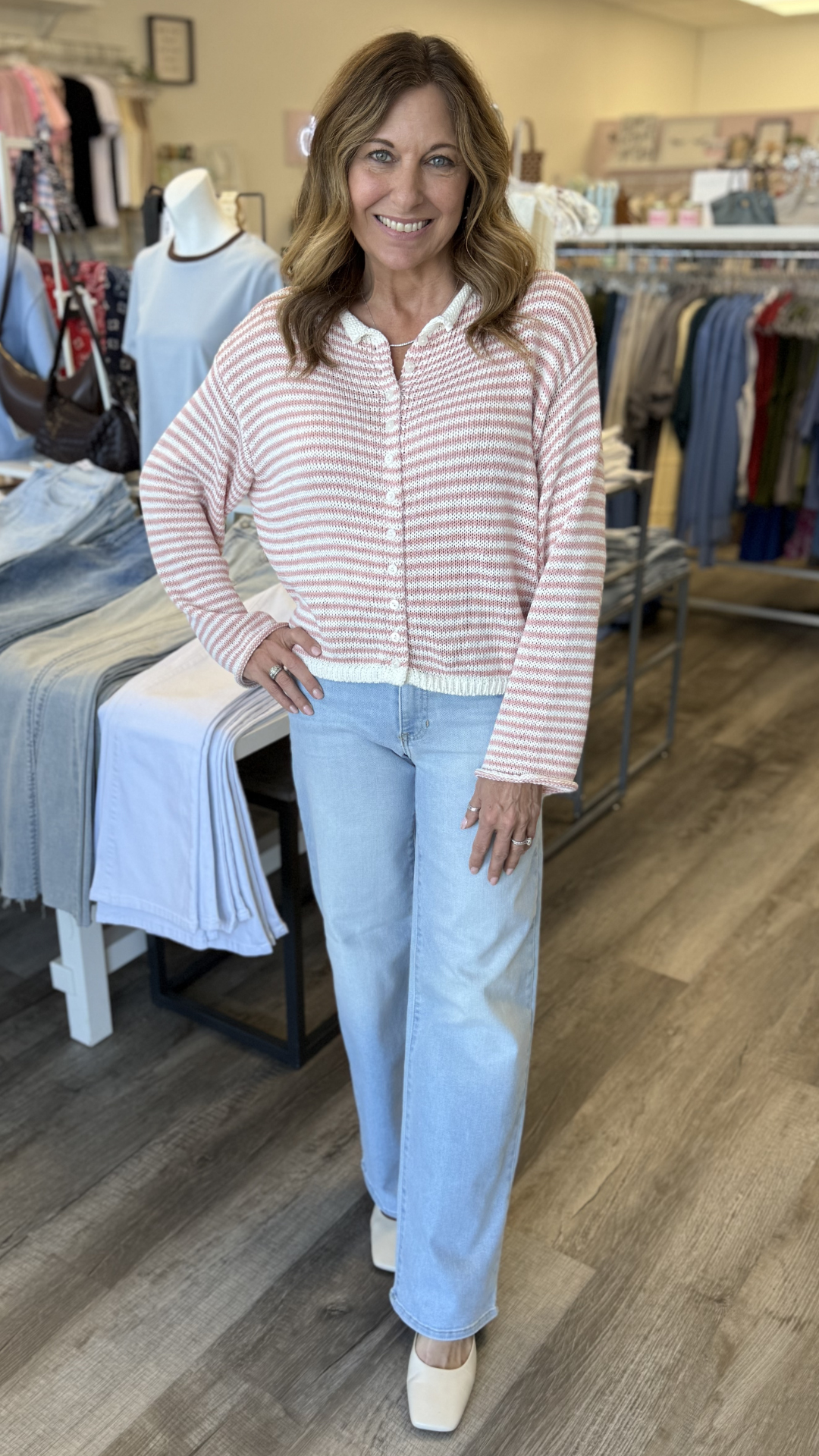 Rose And White Button Front Knit Cardigan