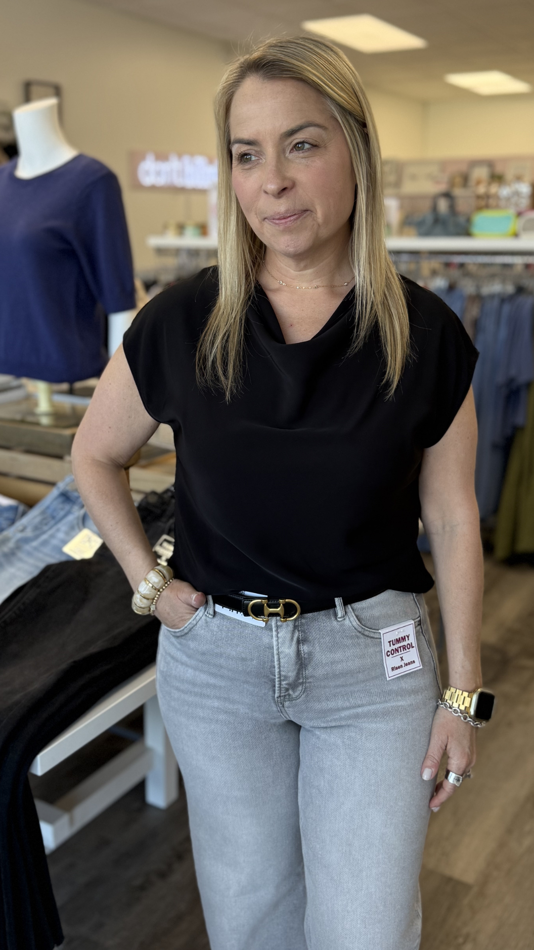 Black Draped Cowl Neck Blouse