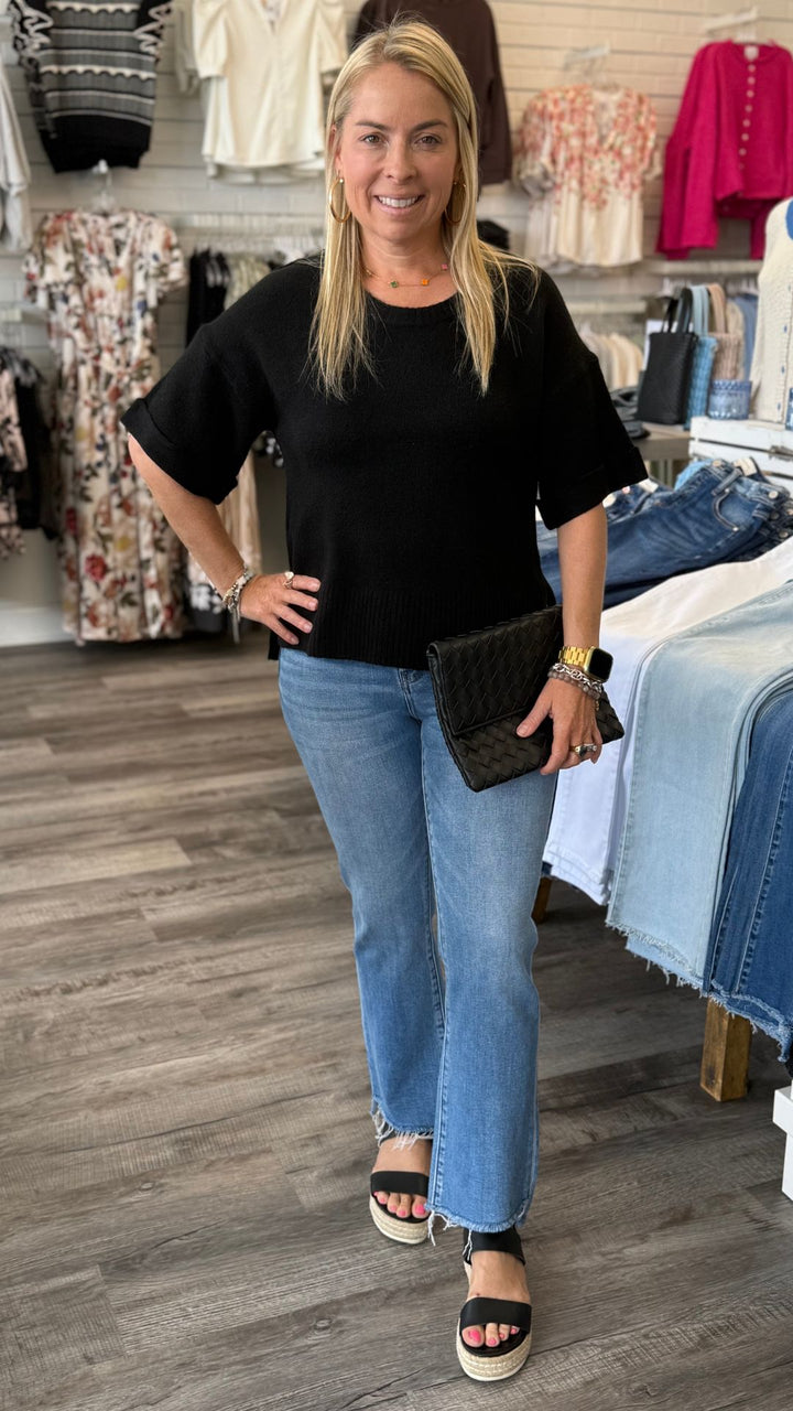 Black Short Sleeve Crew Neck Sweater