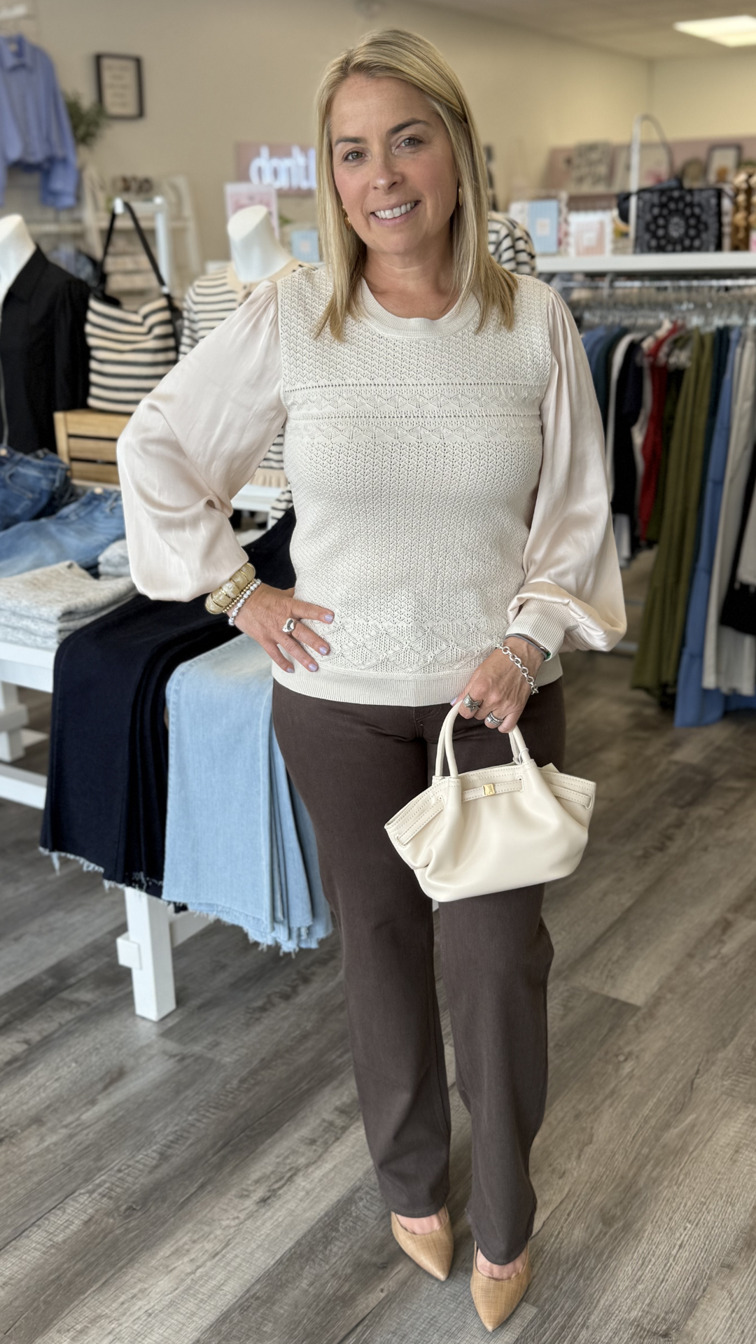 Champaign Pointelle Knit Mixed Media Top
