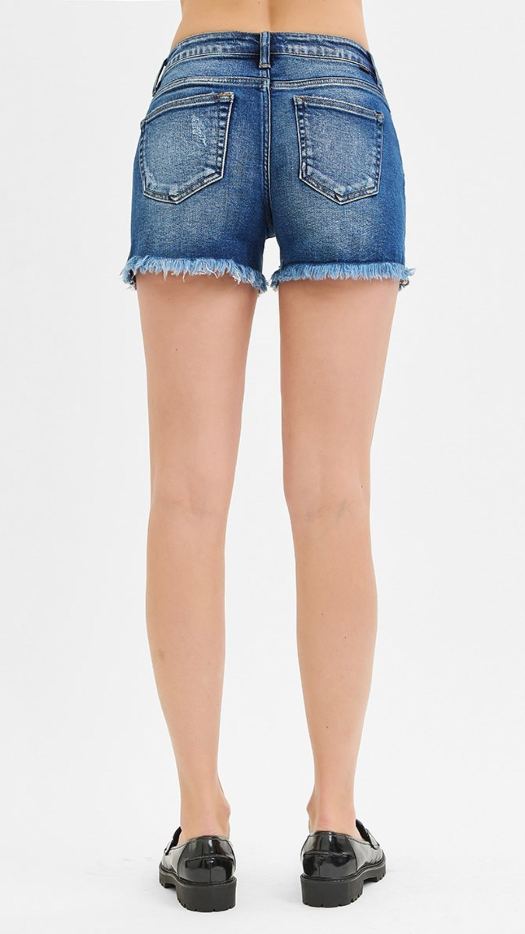 Low Rise Dark Wash Frayed Hem Shorts