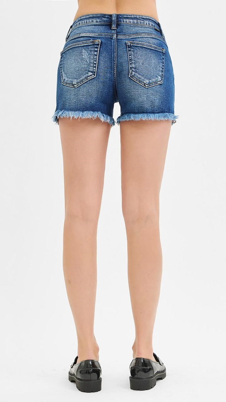 Low Rise Dark Wash Frayed Hem Shorts