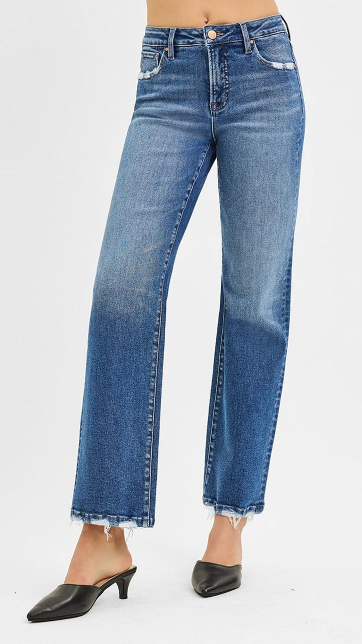 High Rise Tummy Control Full Length Straight Jeans With Distressed Hem