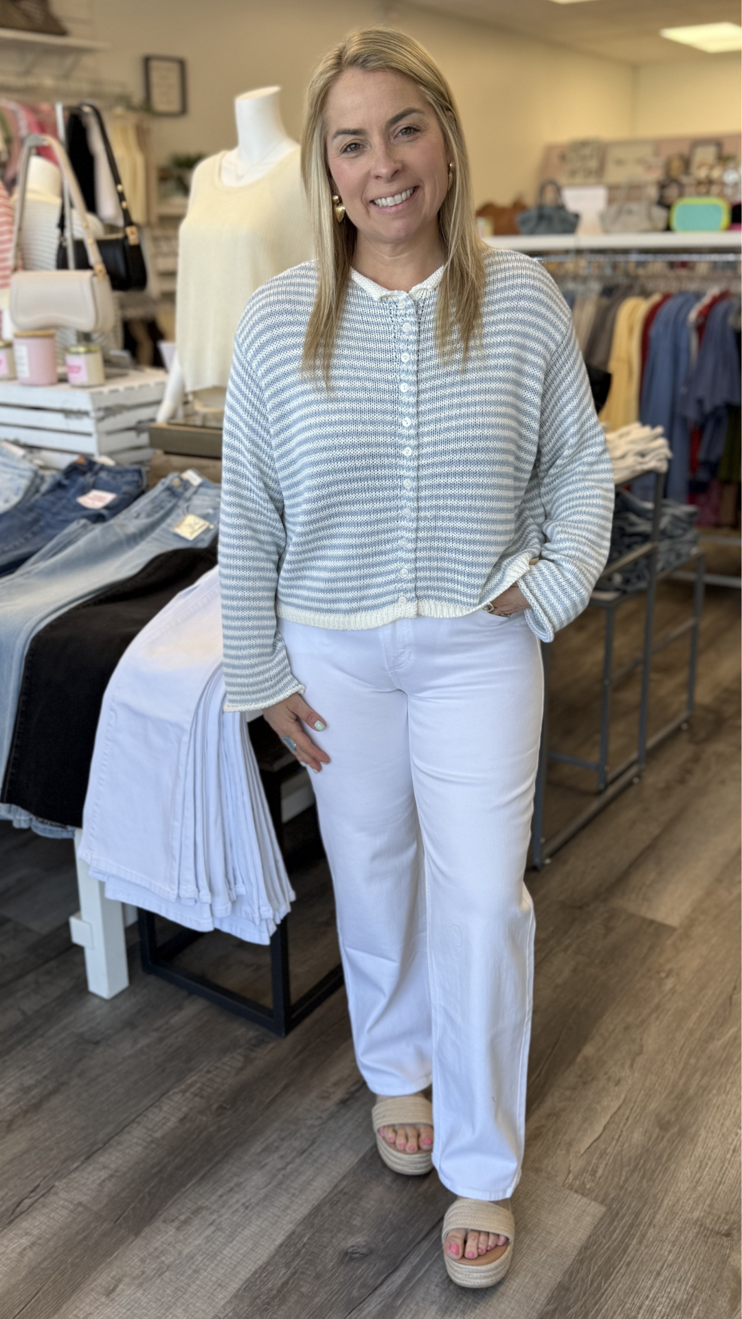 Sky Blue And White Button Front Knit Cardigan