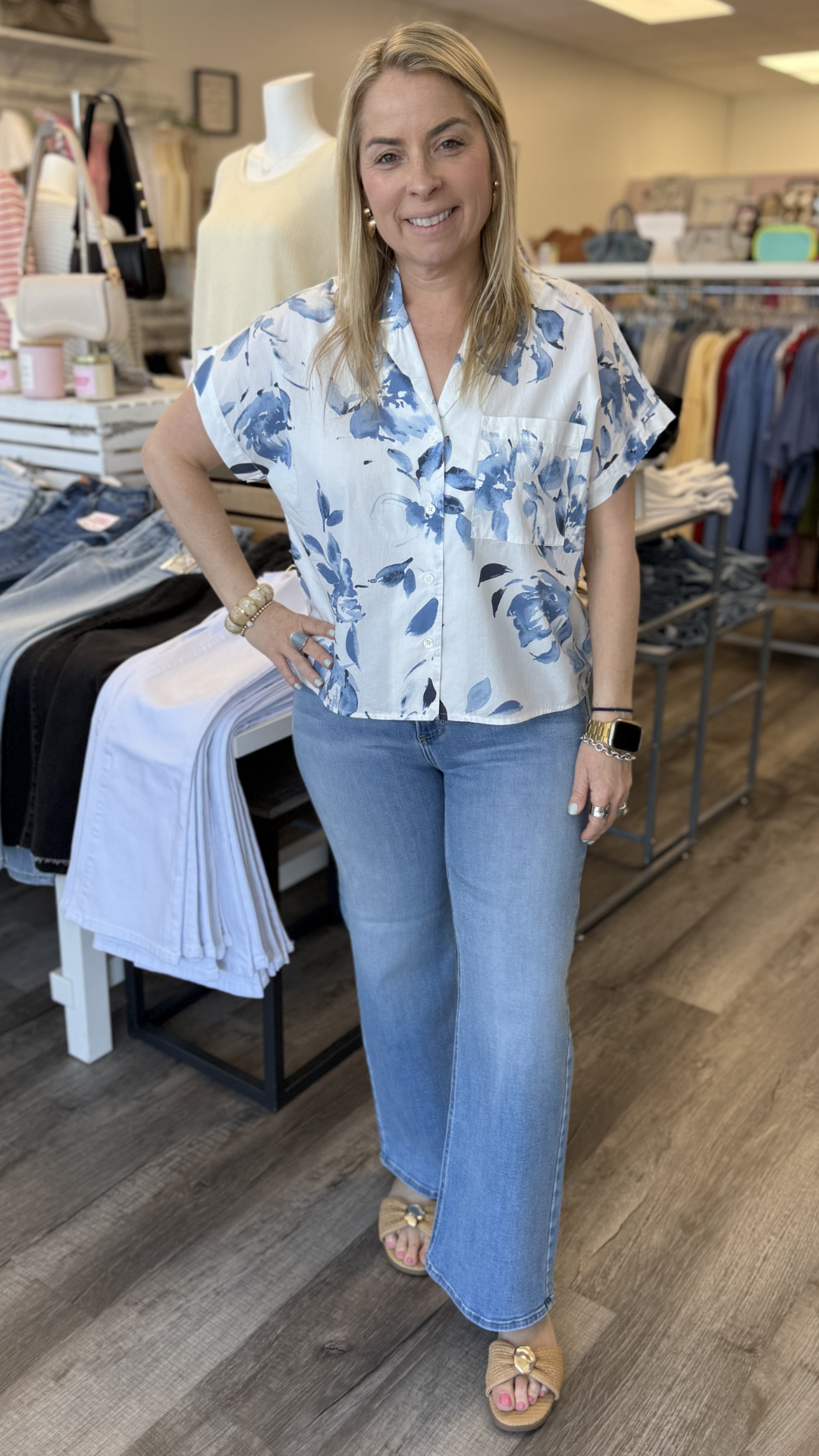High Rise Medium Wash Slim Crop Wide Leg Jeans