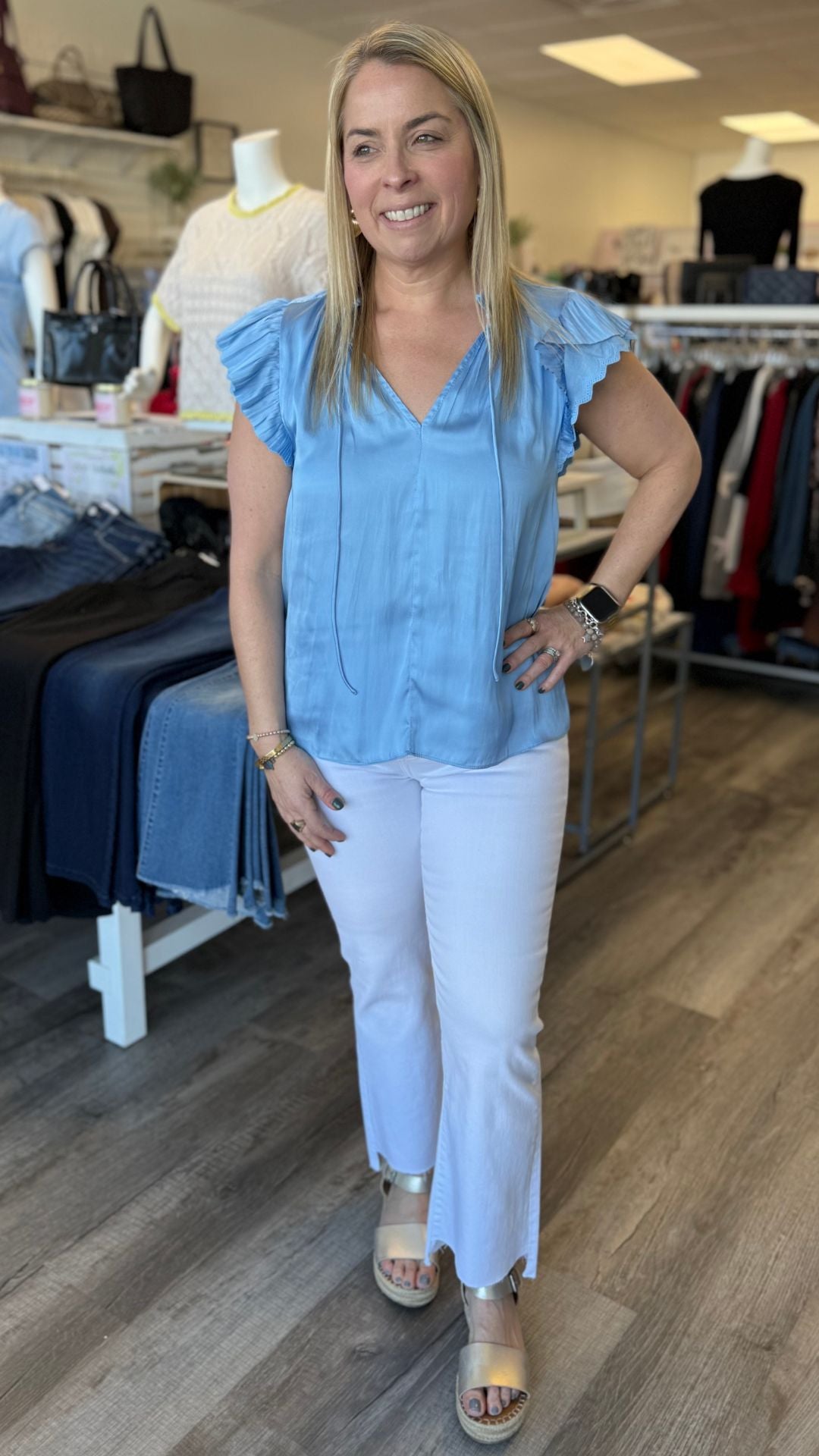 Blue Double Flutter Eyelet Edge Blouse