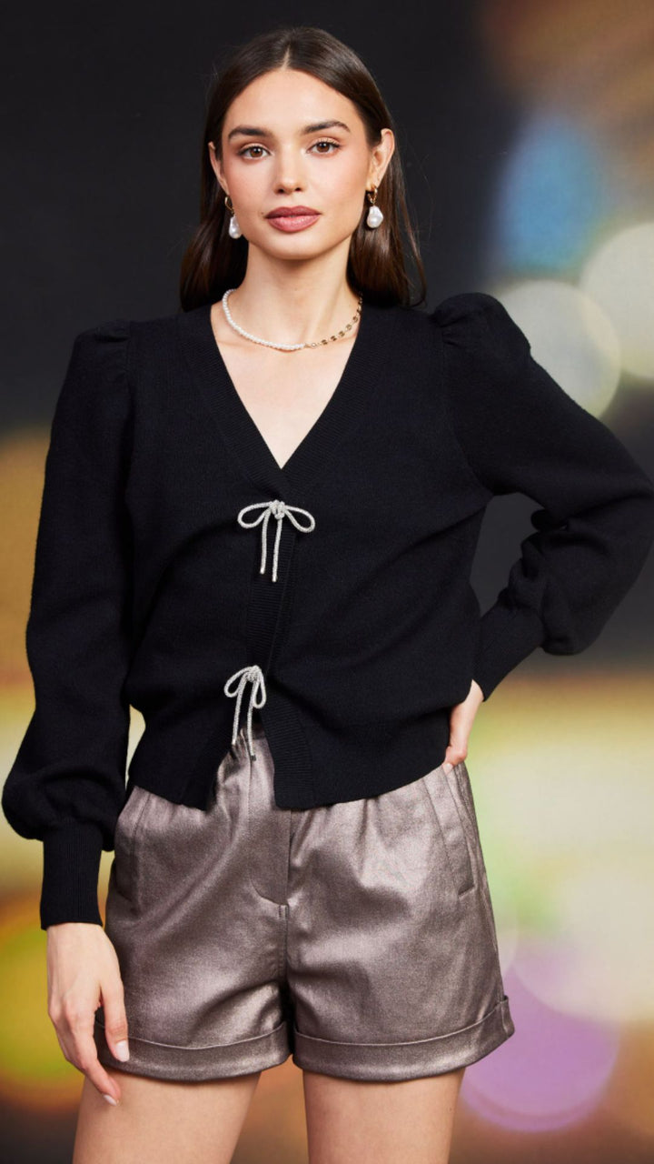 Black Ribbon Trim Puff Sleeve Cardigan