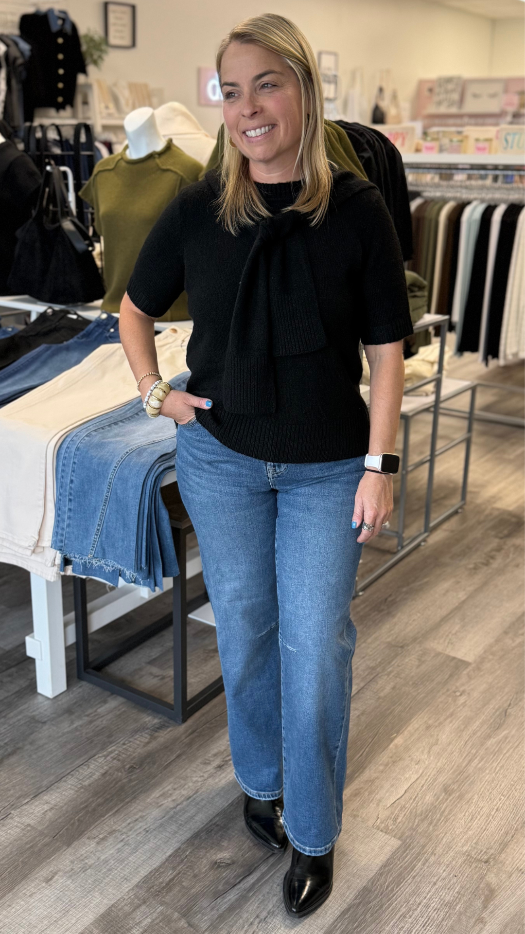 Black Short Sleeve Sweater With Faux Scarf Detail