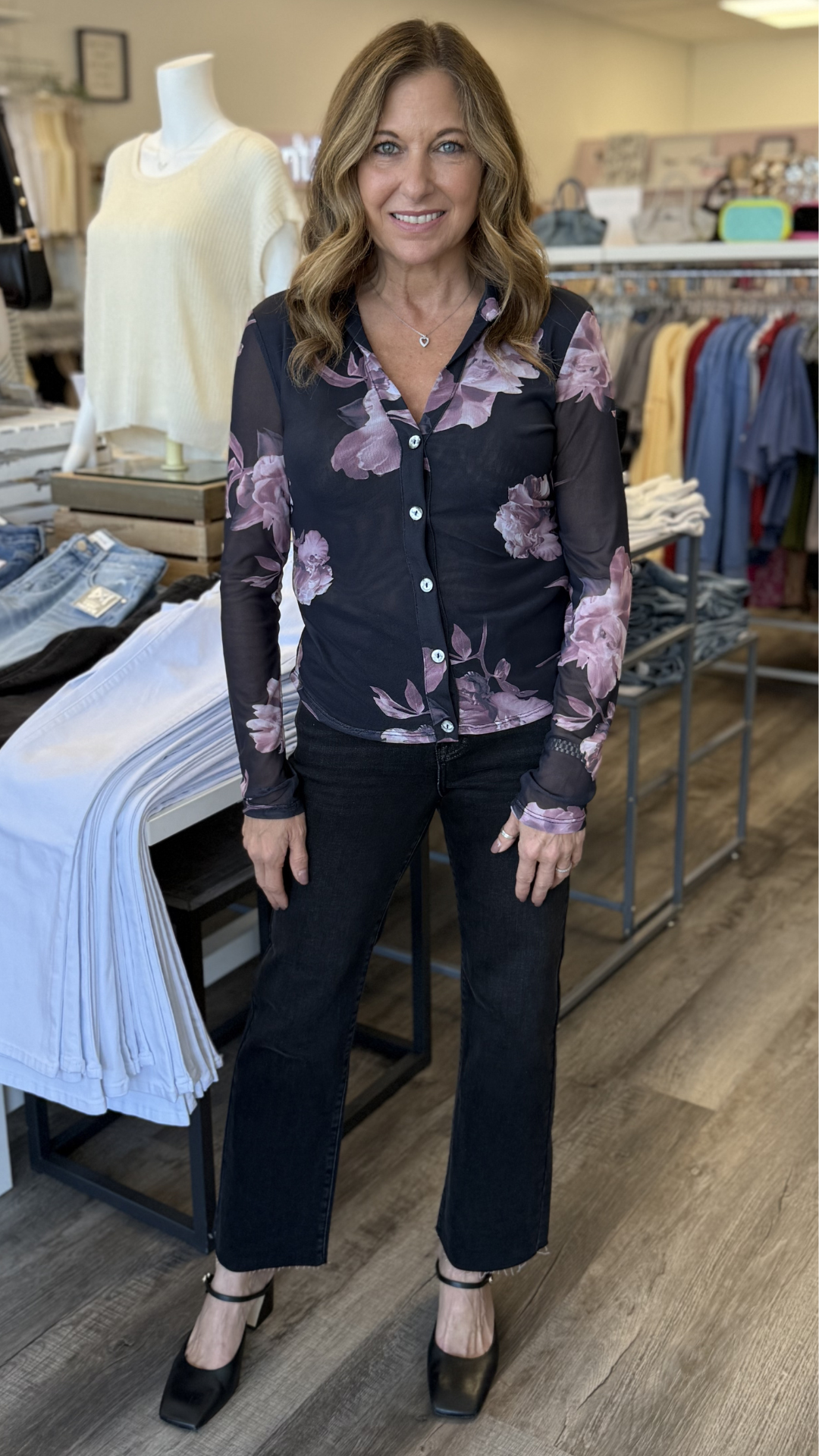 Pink Floral Collared Mesh Top