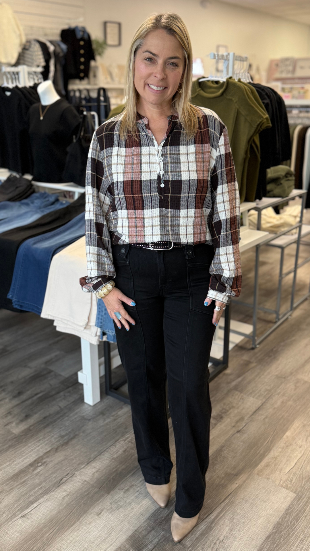 Plaid Peasant Long Sleeve Top