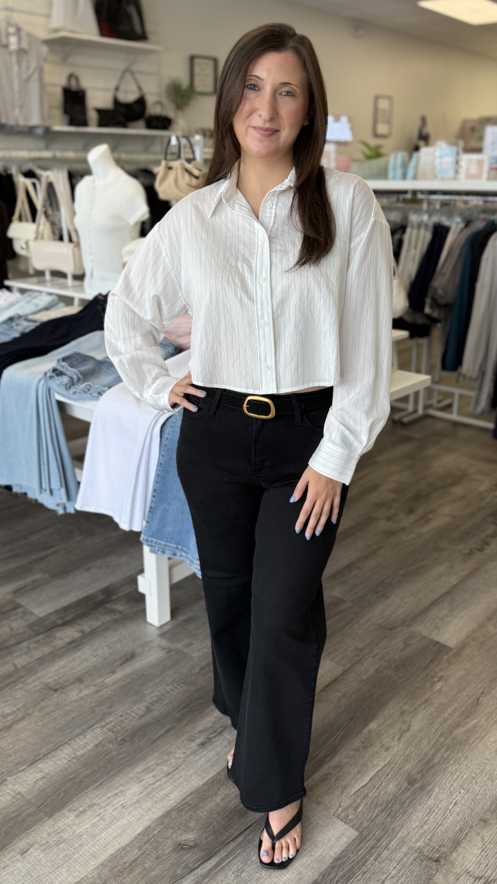 White Pin Stripe Buttondown Top