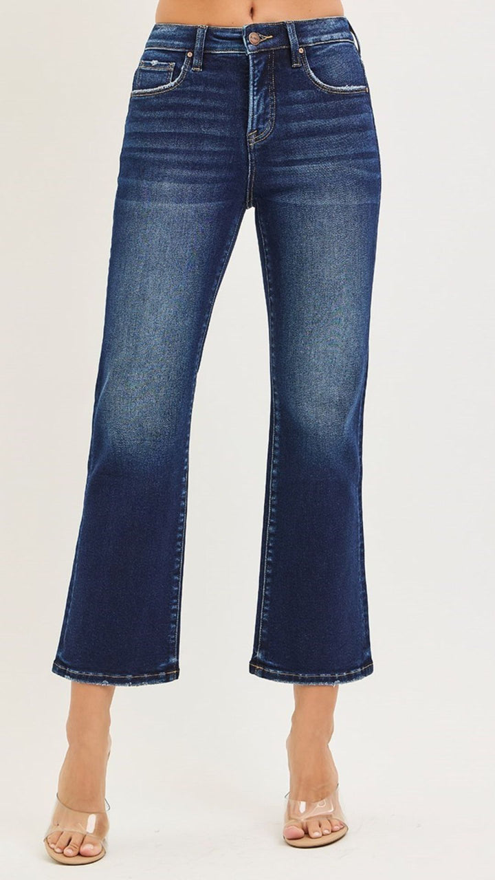 High Rise Dark Wash Tummy Control Crop Bootcut Jeans