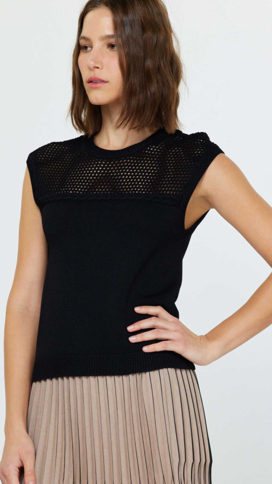 Mesh Detail Round Neck Sweater Top