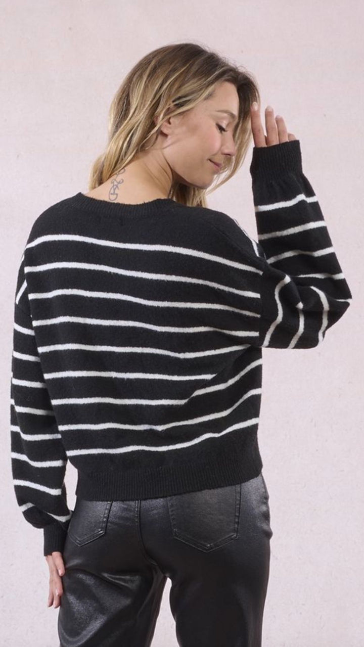 Black And Off White Stripe Heart Sweater