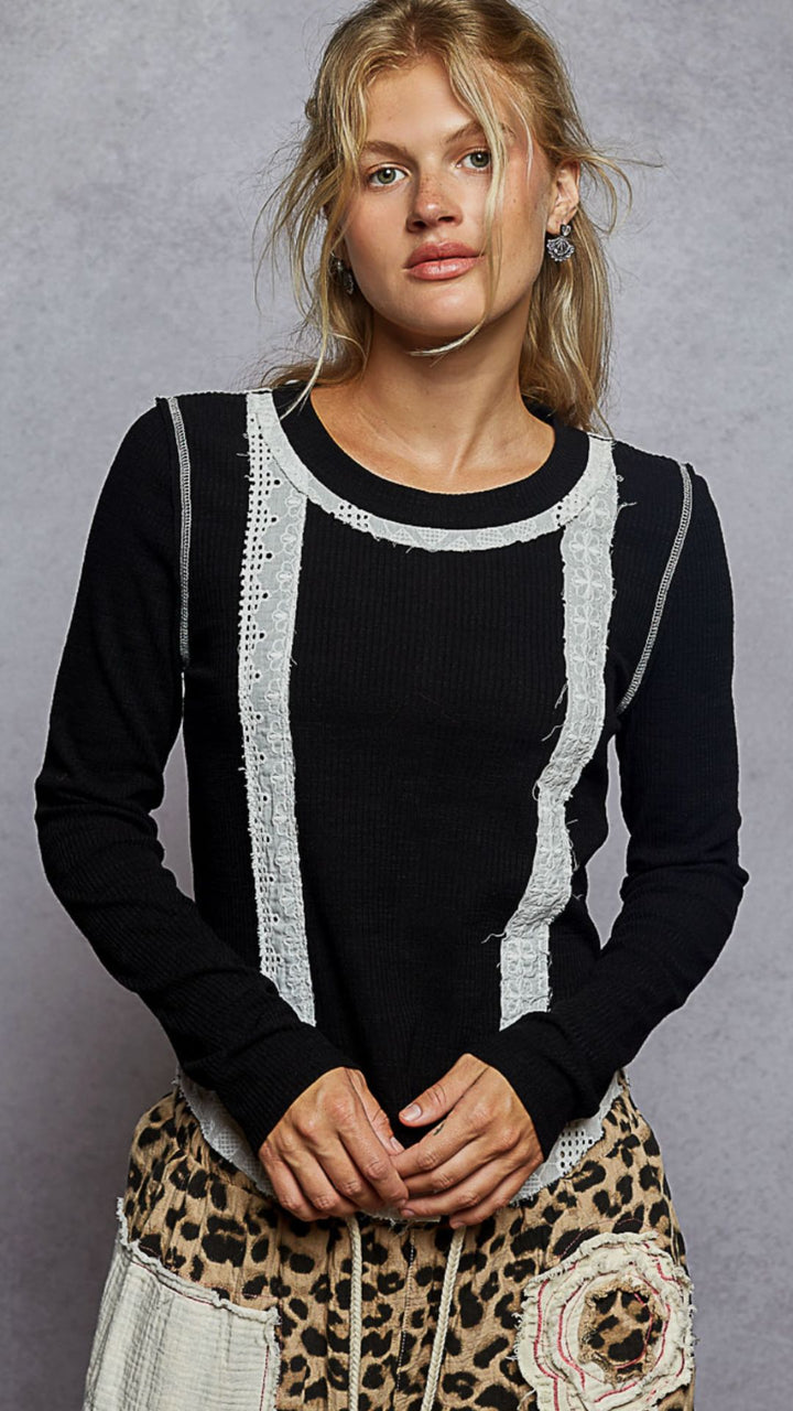 Black Raw Edge Eyelet Patch Ribbed Knit Top