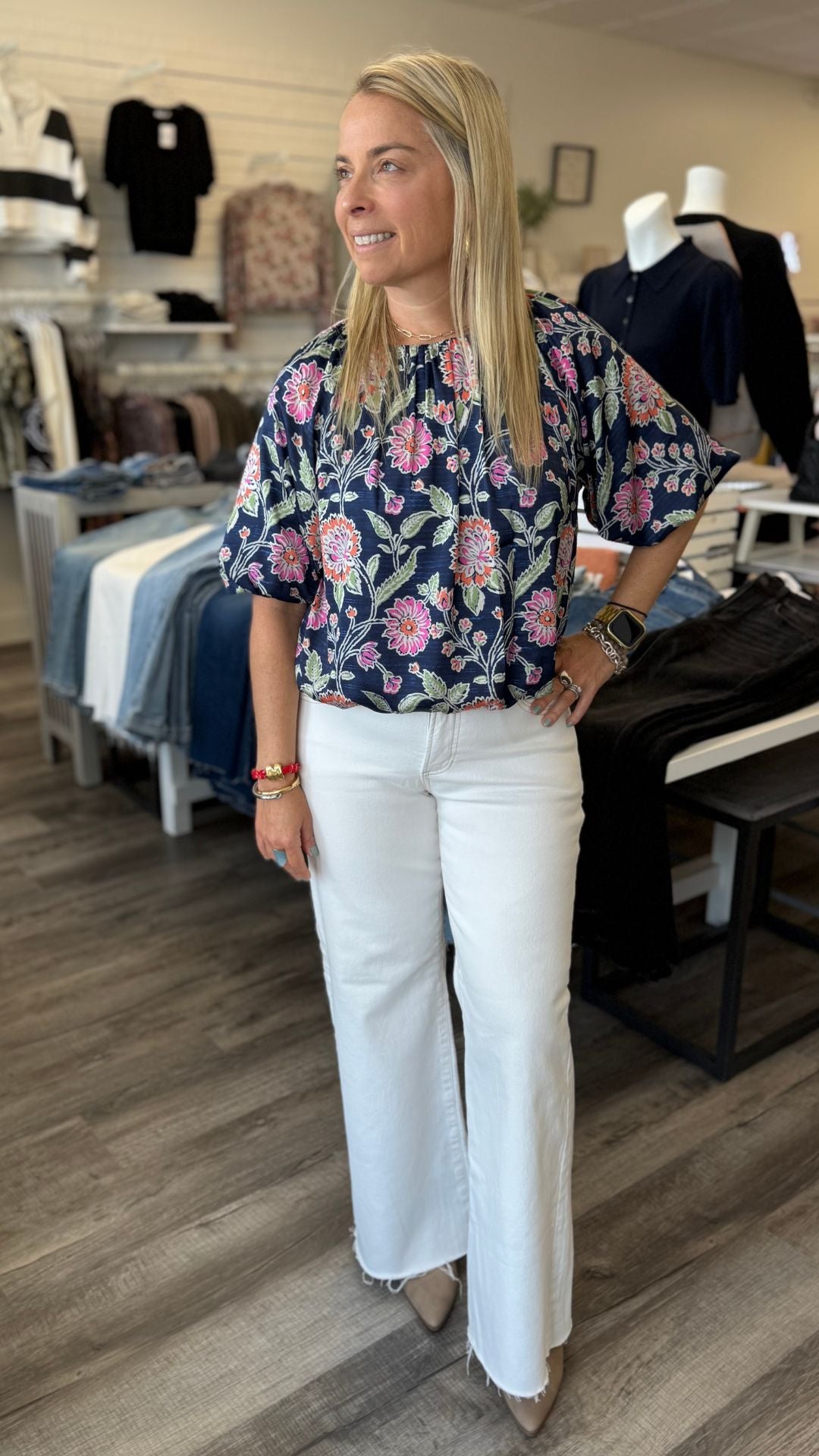 Floral Boatneck Balloon Sleeve Blouse
