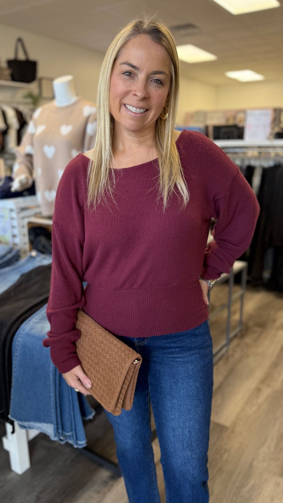 Burgundy Brushed Rib Pullover Top