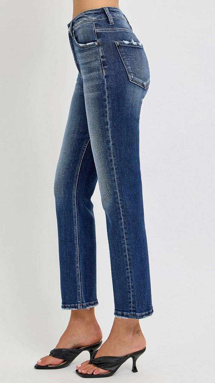 High Rise Dark Wash Tummy Control High Crop Straight Jeans