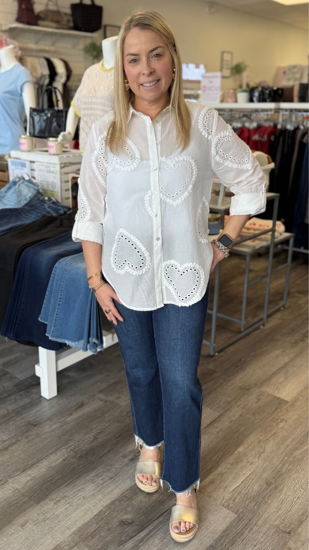 Heart Textured Roll Up Button Down Blouse