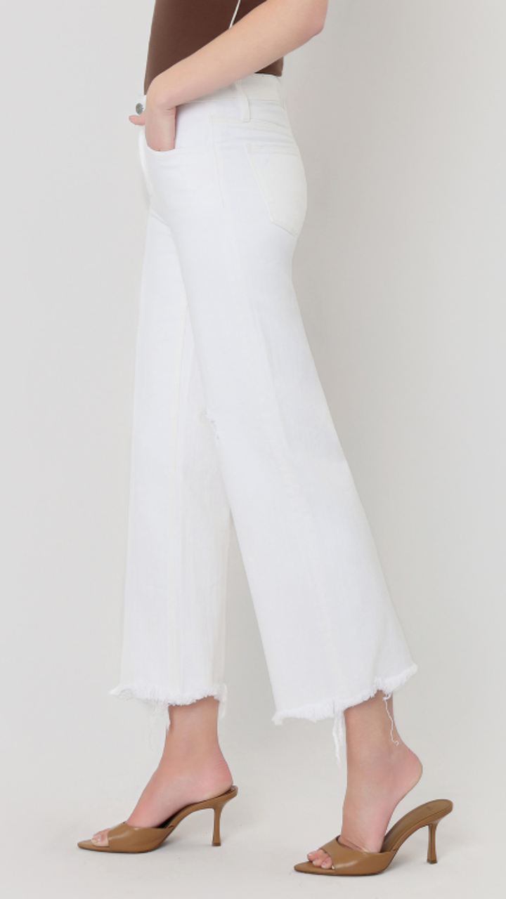High Rise Optic White Slight Distressed Raw Hem Crop Wide Jeans