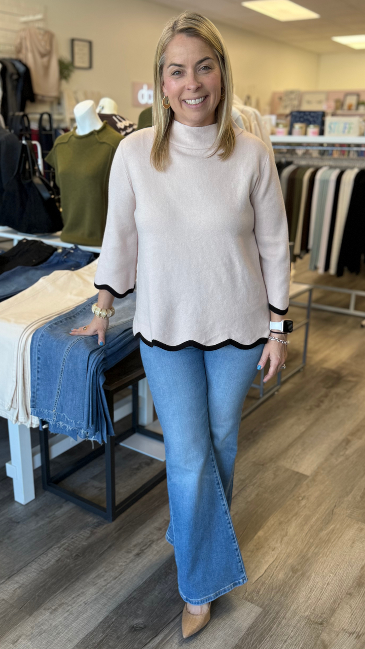 Blush Scallop Edge Detailed Mock Neck Sweater