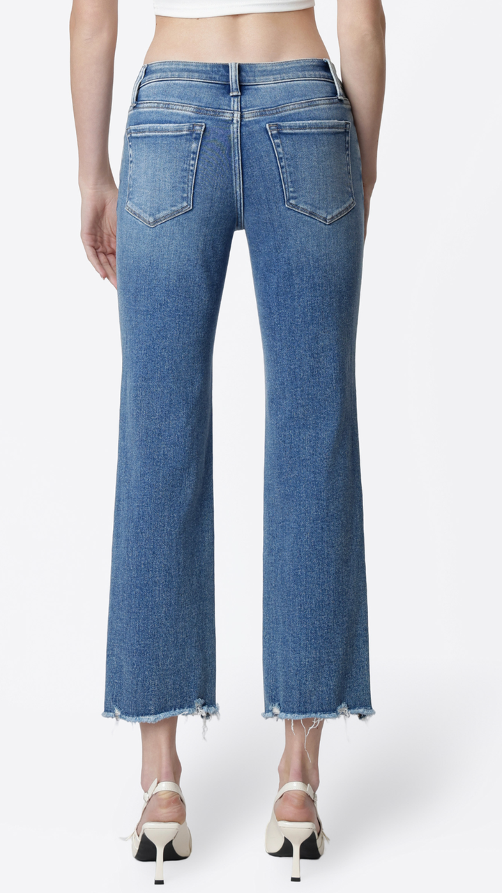Mid Rise Medium Wash Distressed Hem Crop Straight Jeans