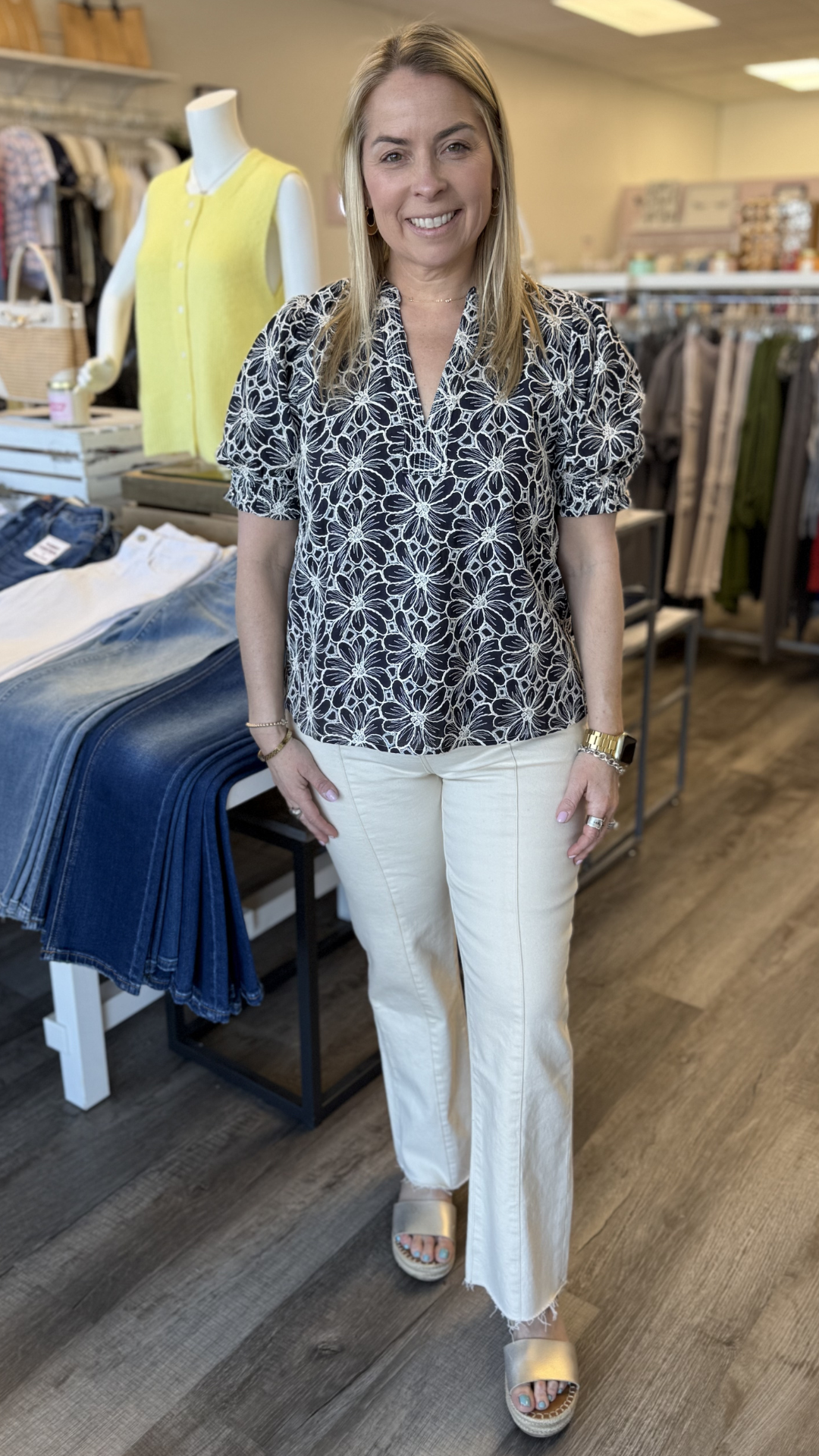 Navy Short Sleeve Sequined Embroidery Detail Top