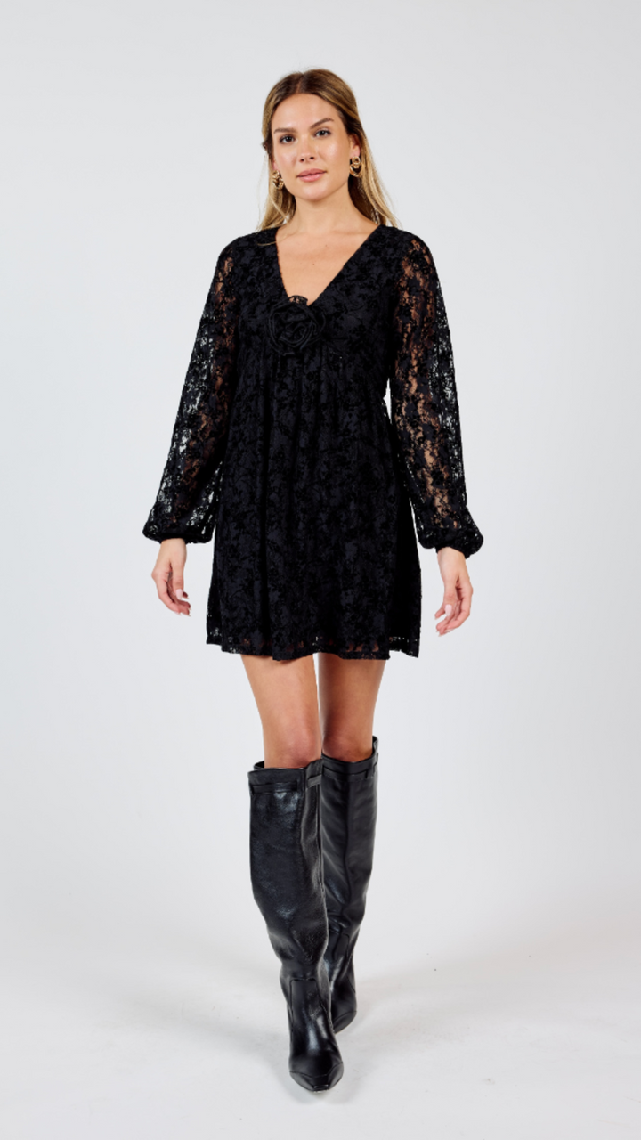 At Dusk V Neck Mini Dress With Flower Detail