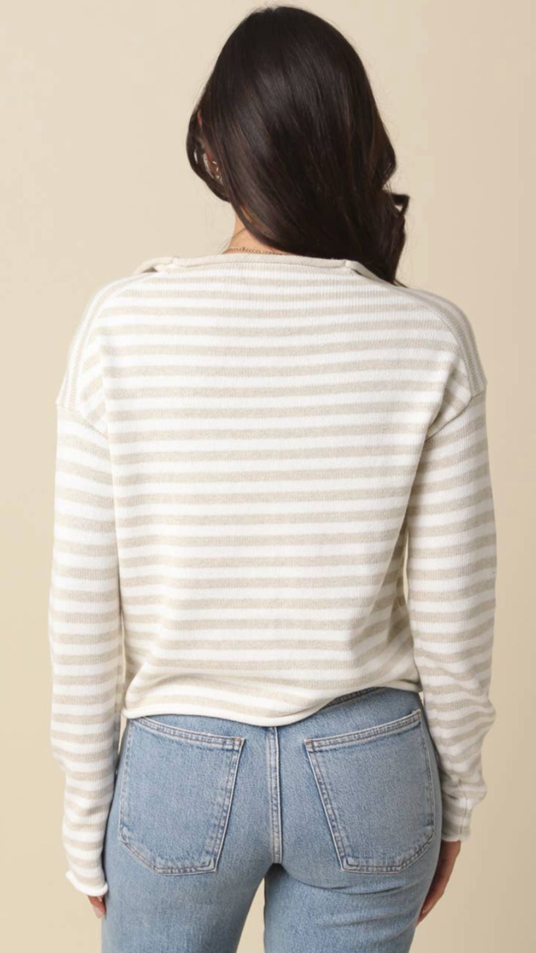 Oatmeal And White Striped Collar Knit Cardigan Sweater