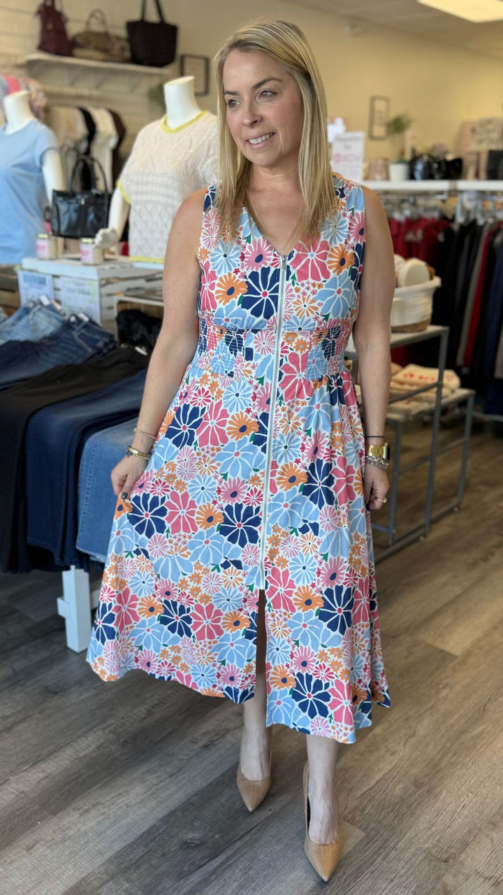 Cotton Voile Printed Front Zip Maxi Dress