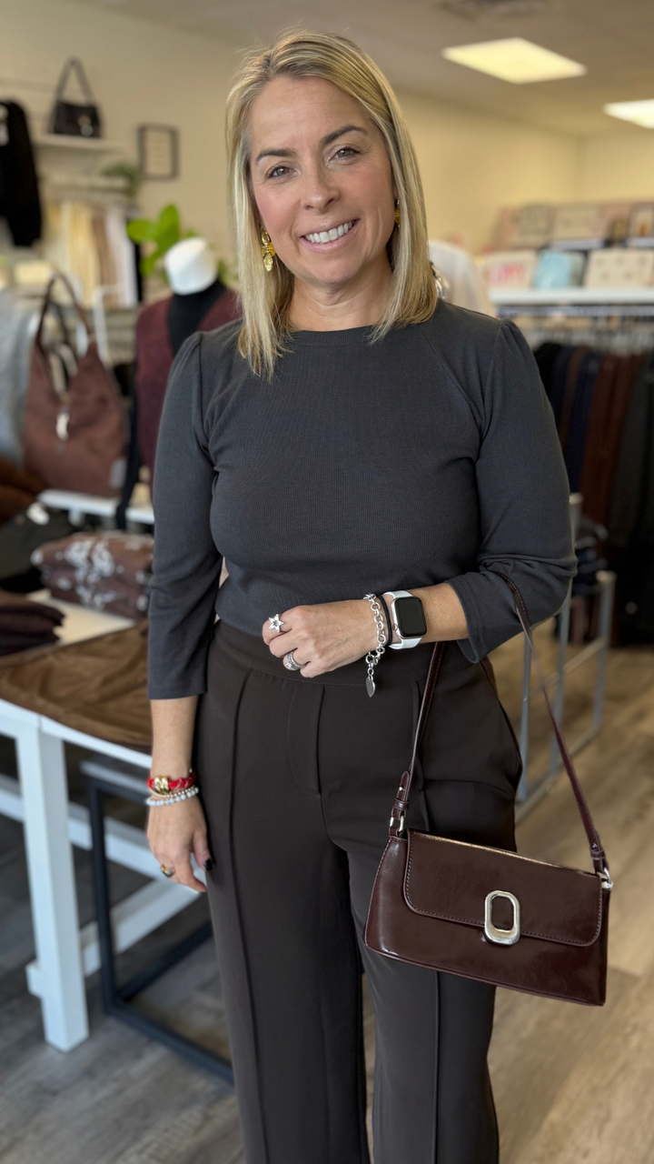 Charcoal Puff Sleeve Knit Top