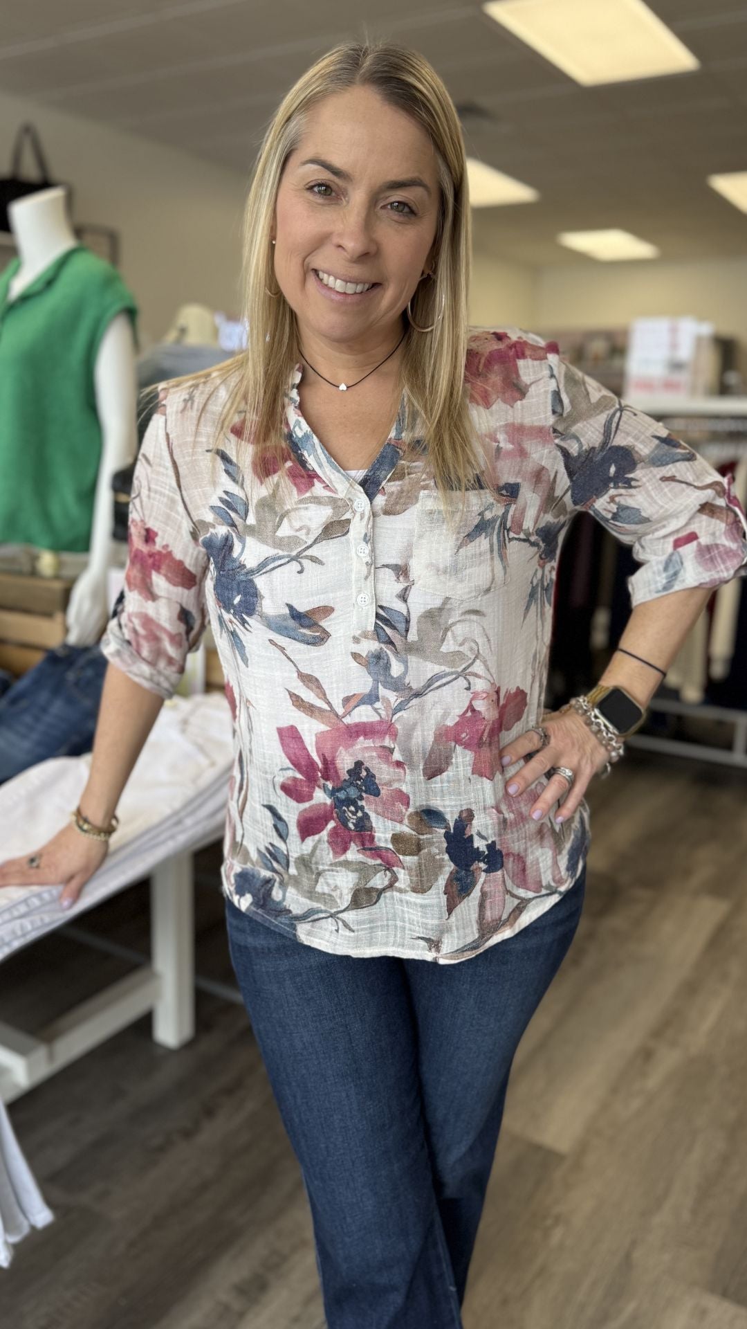 Multi Color Floral Roll Up Sleeve Cotton Gauze Top