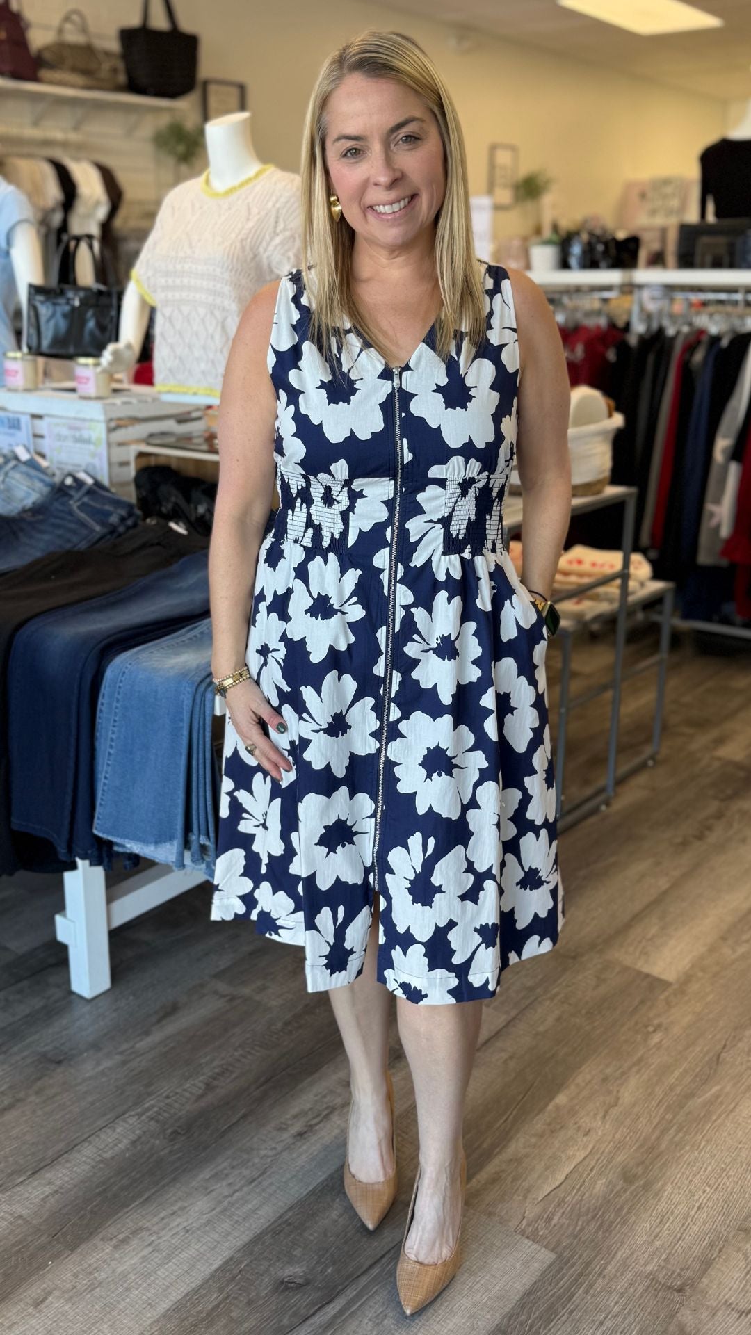 Cotton Voile Printed Front Zip Knee Length Dress