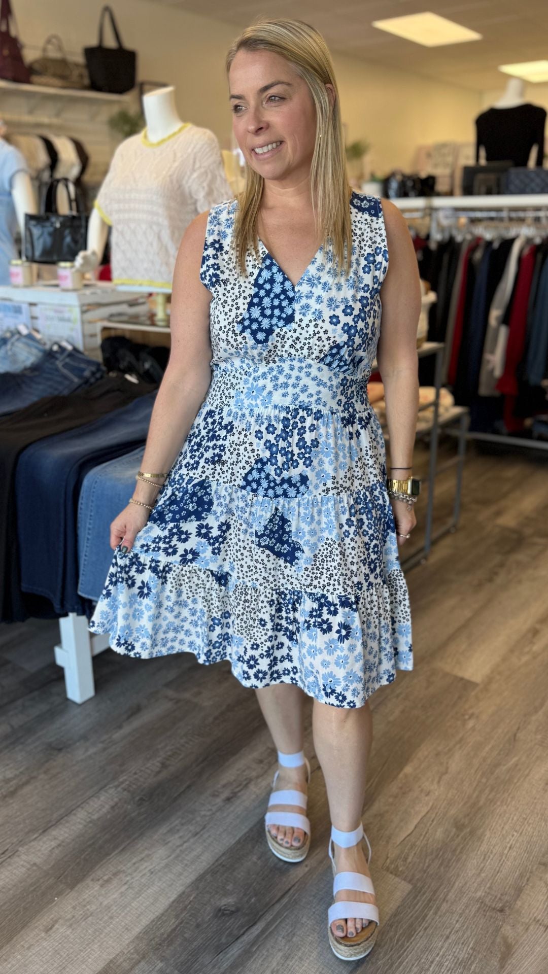 Blue Floral Sleeveless V Neck Dress