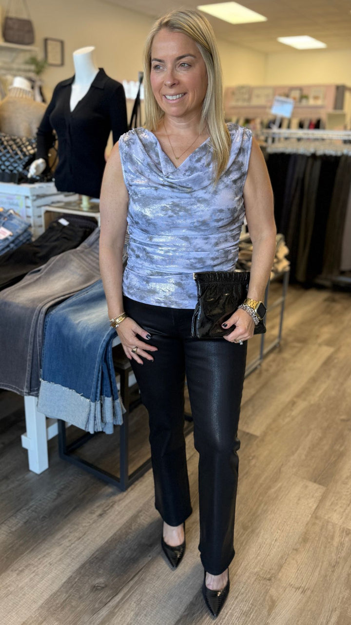 Grey Gold Cowl Neck Ruched Metallic Tank