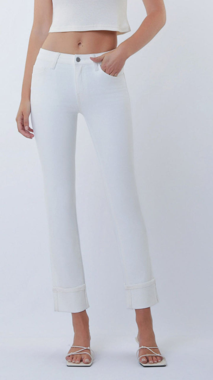 Mid Rise White Cuffed Ankle Slim Straight Jeans