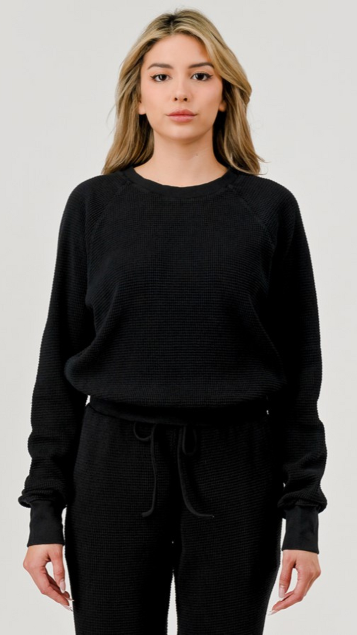 Black Cotton Thermal Waffle Vintage Dye Crew Neck