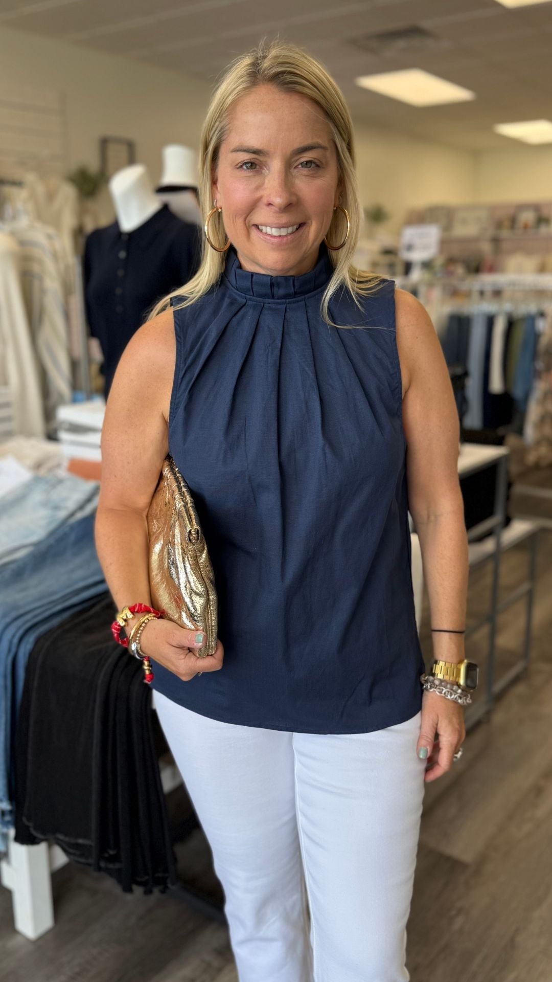 Pleated Mock Neck Linen Sleeveless Top