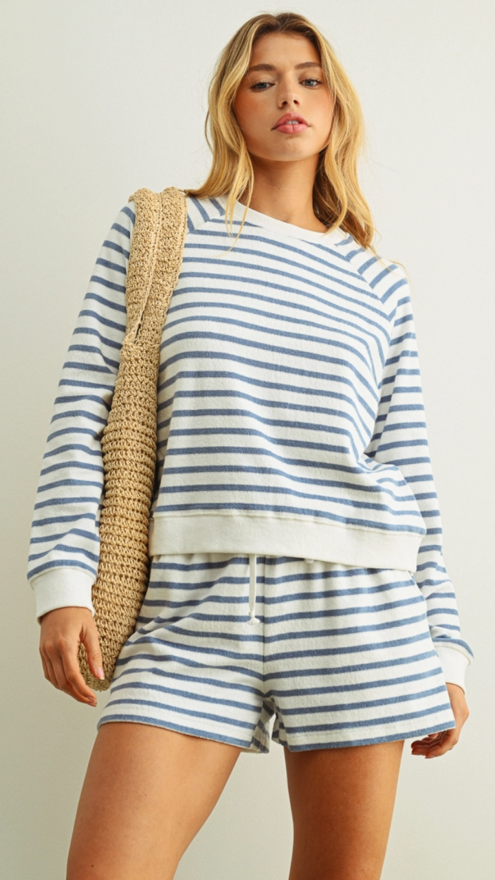 Blue And White Striped Terry Top And Shorts Set