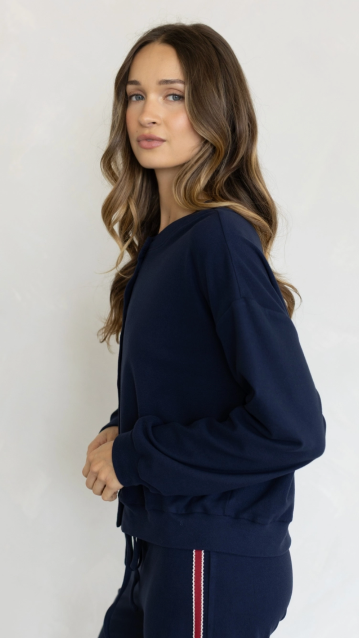 Navy Cardigan And Red Side Stripe Knit Pants Set