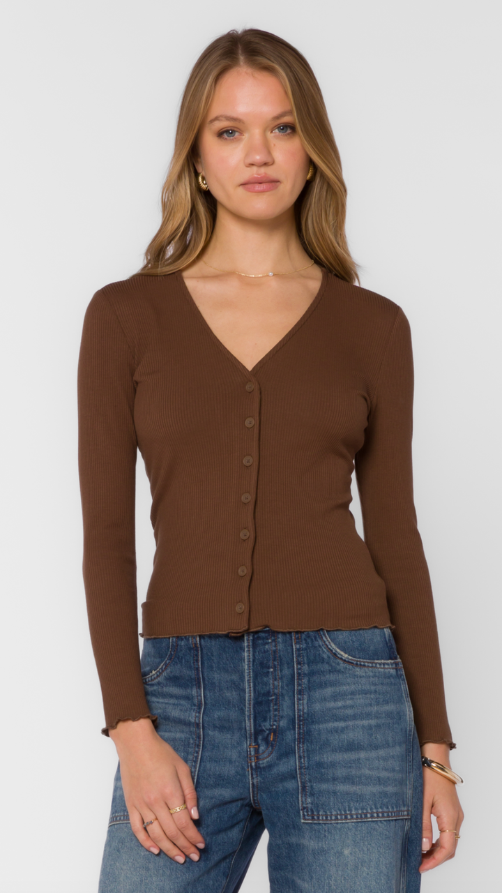Brown Lettuce Hem Ribbed Fitted Cardigan