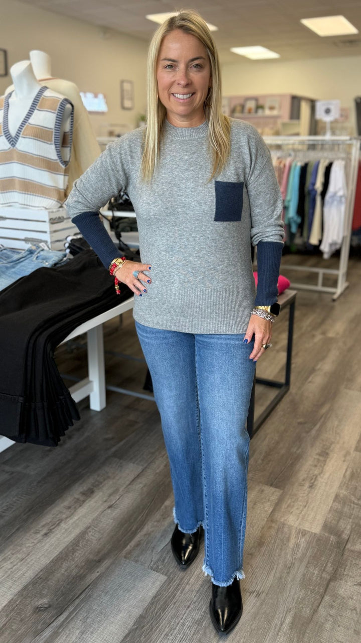 Gray Crew Neck Sweater With Contrast Details